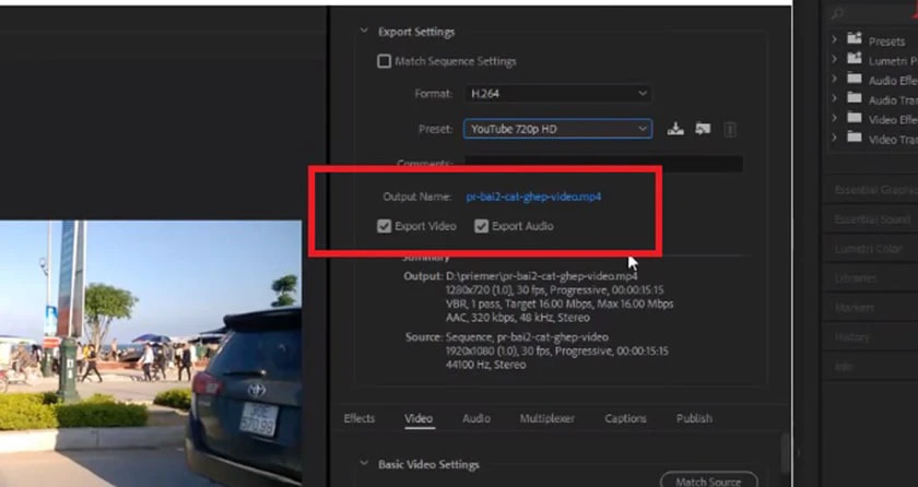 xuất video trong Adobe Premiere